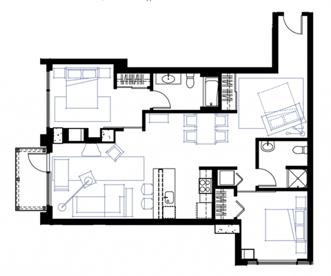 Floor plan for 2 beds, 2 baths, 1171 sqft